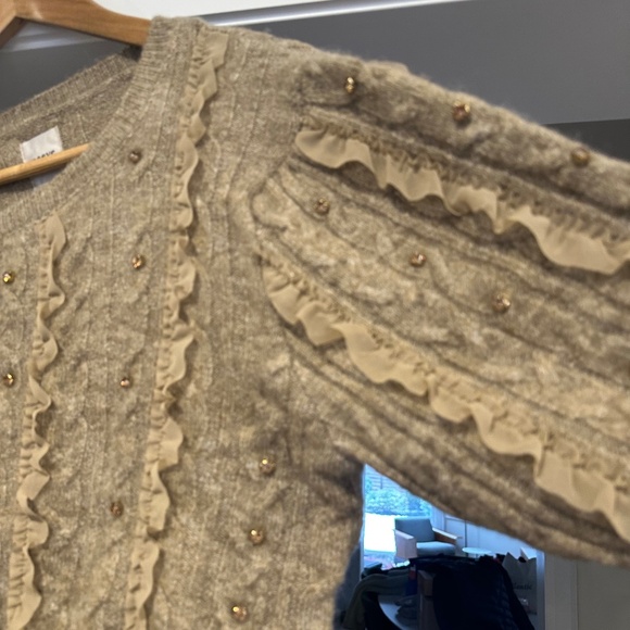 NWT - MAEVE Short-Sleeve Crystal Embellished Ruffled Cardigan Sweater - Size L - Picture 10 of 16